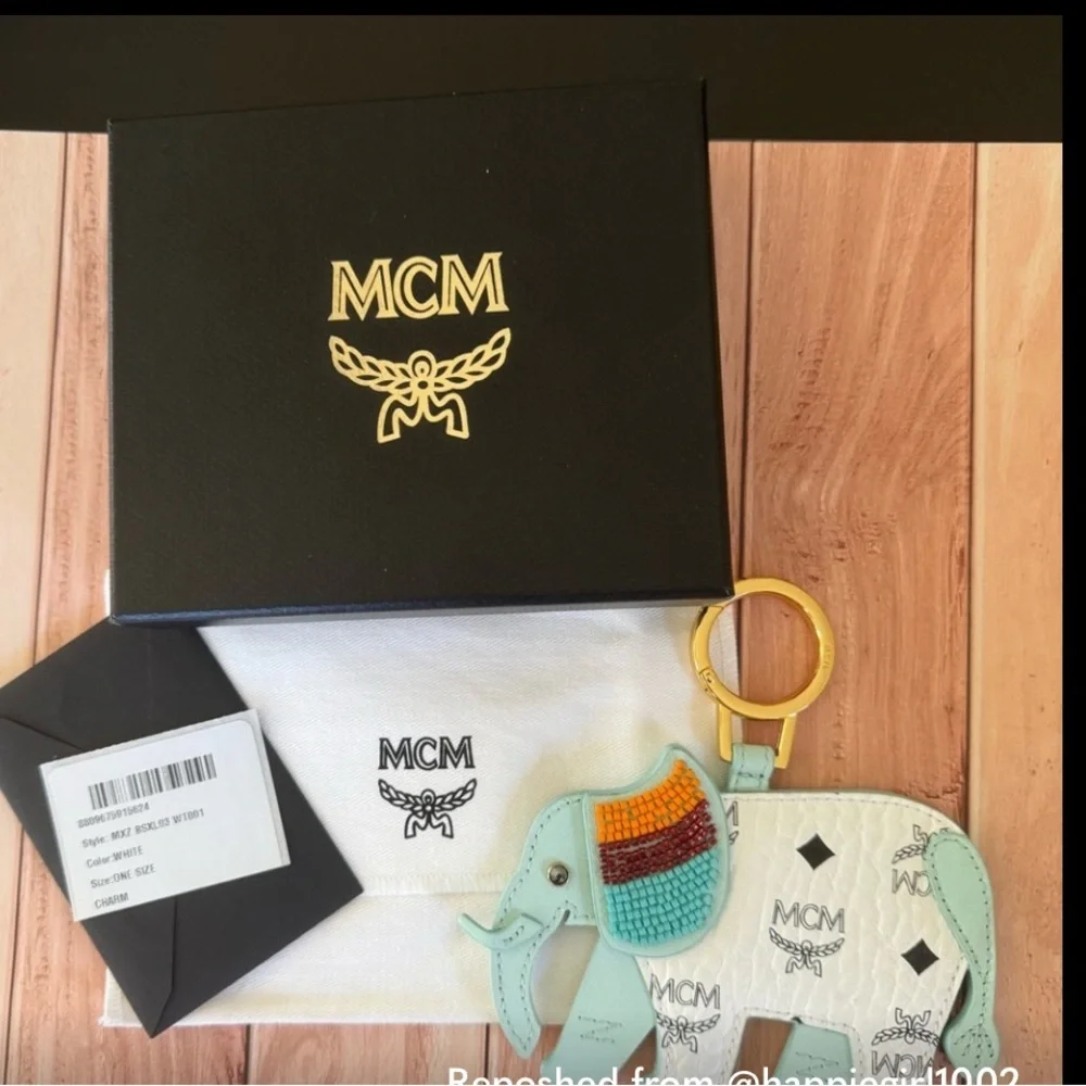MCM Blue White Monogram Logo Beaded Elephant Charm Keychain